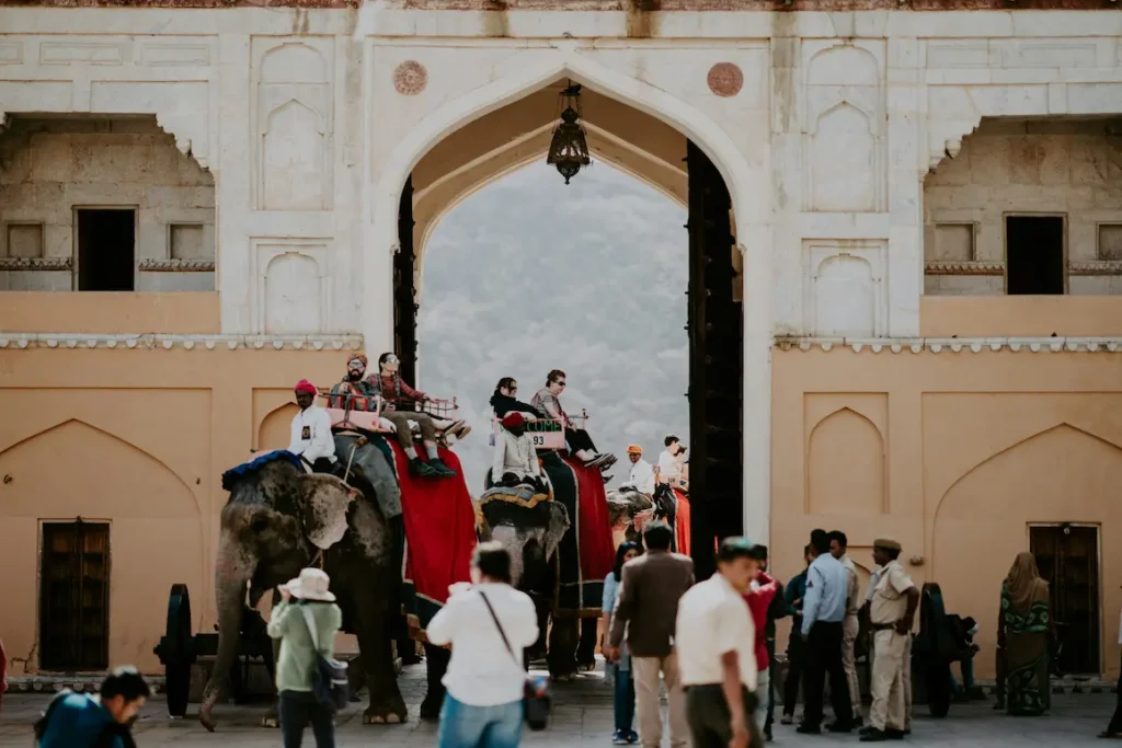 Tourists enjoying elephant rides in Amber Fort, in Jaipur, Rajasthan, India