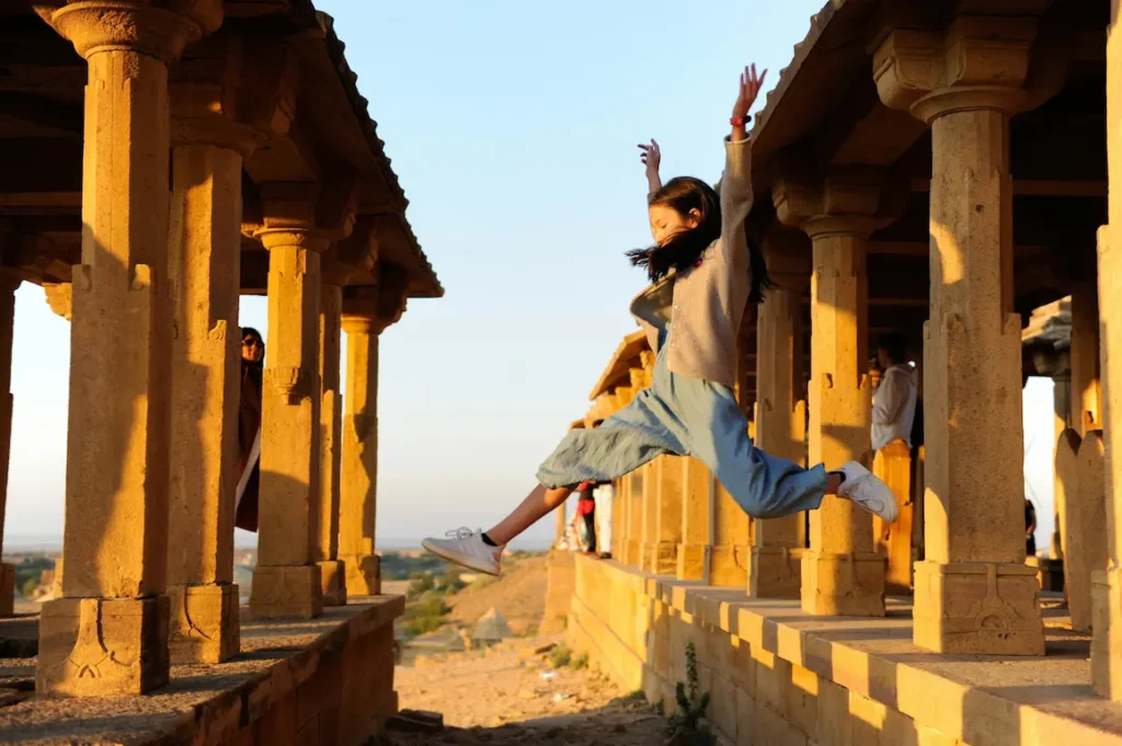 Family visiting stepwells in India