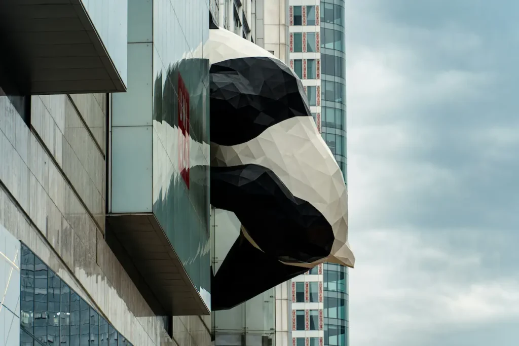 Kid's favorite hanging panda statue in a Chengdu commercial building