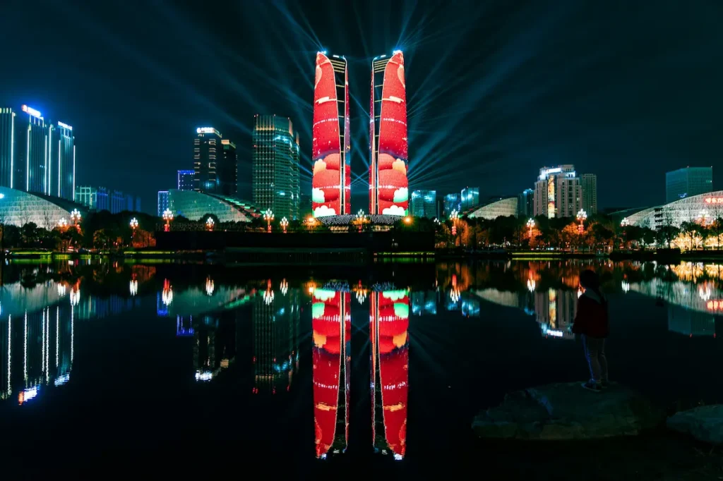 Night view of the twin towers from Jingsao Park, Chengdu, with kids.