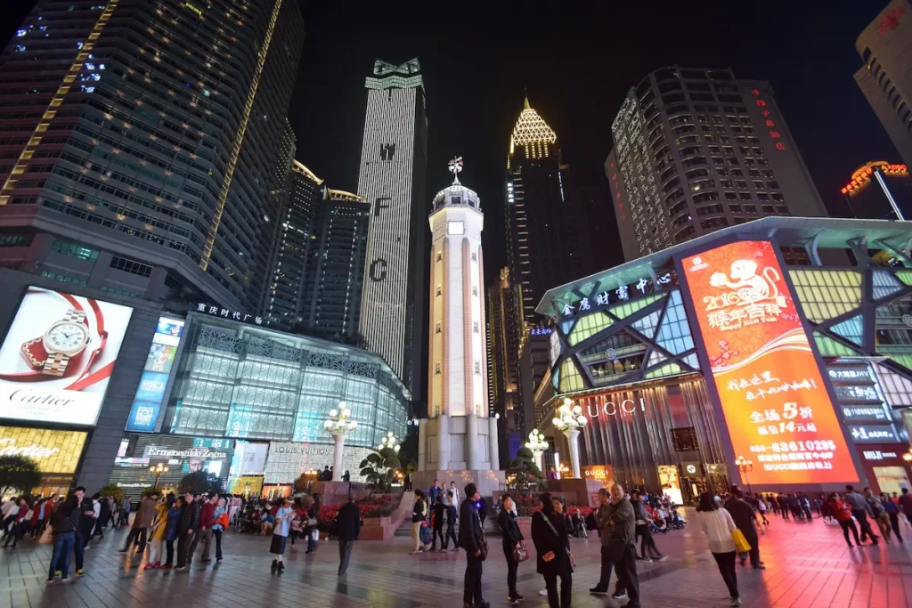 The heart of Chongqing’s shopping and dining scene is Jiefangbei Pedestrian Street