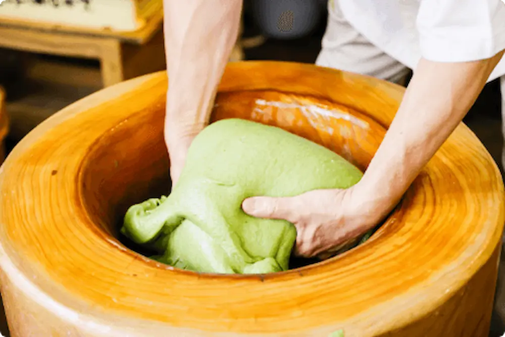 Nakatanidou, famous for its lightning-fast mochi-pounding show and sweet rice-filled red bean mochis,