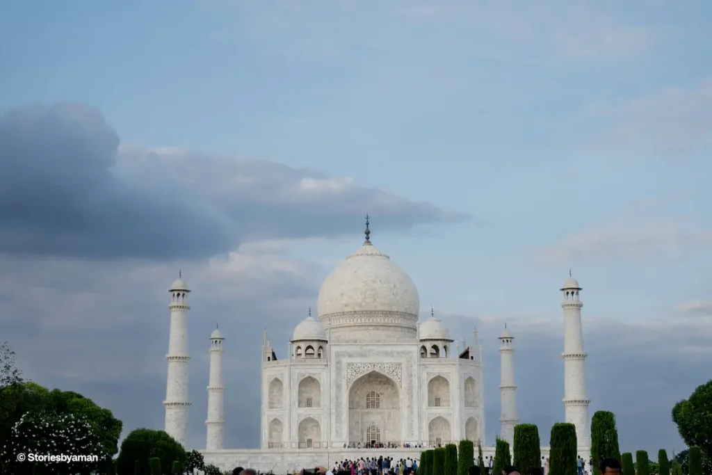 View of the Taj Mahal, Agra, in monsoon—hot, humid, and the streets are flooded.
