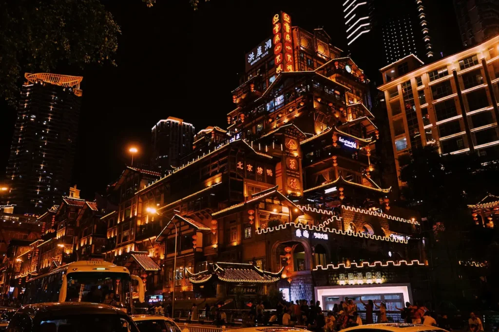 The night view of Hongya Cave, Chongqing, fully lit up at 7:30 pm
