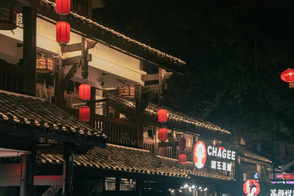 The view of Ciqikou Ancient Town snacks and lanterns.