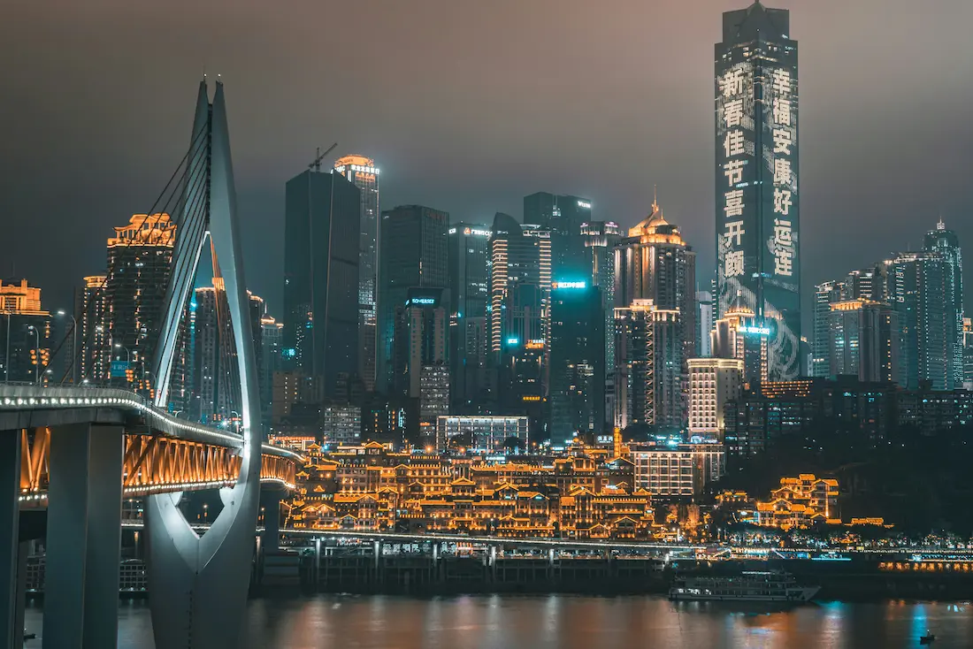 Chongqing skyline neon lights with kids