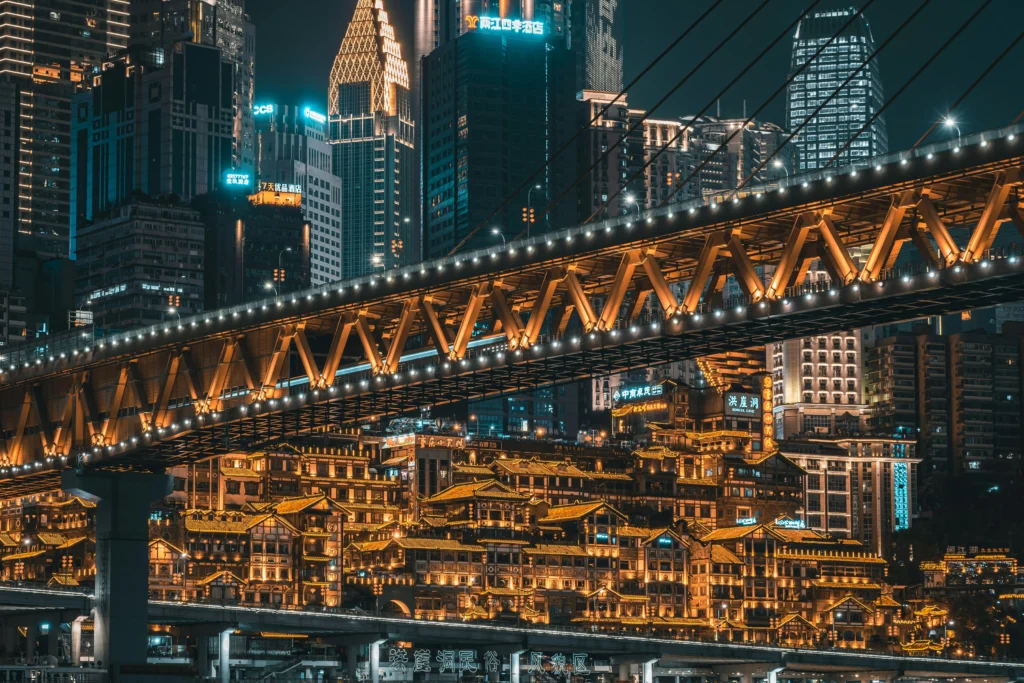 Evening view of a cyberpunk city, Chongqing, China.