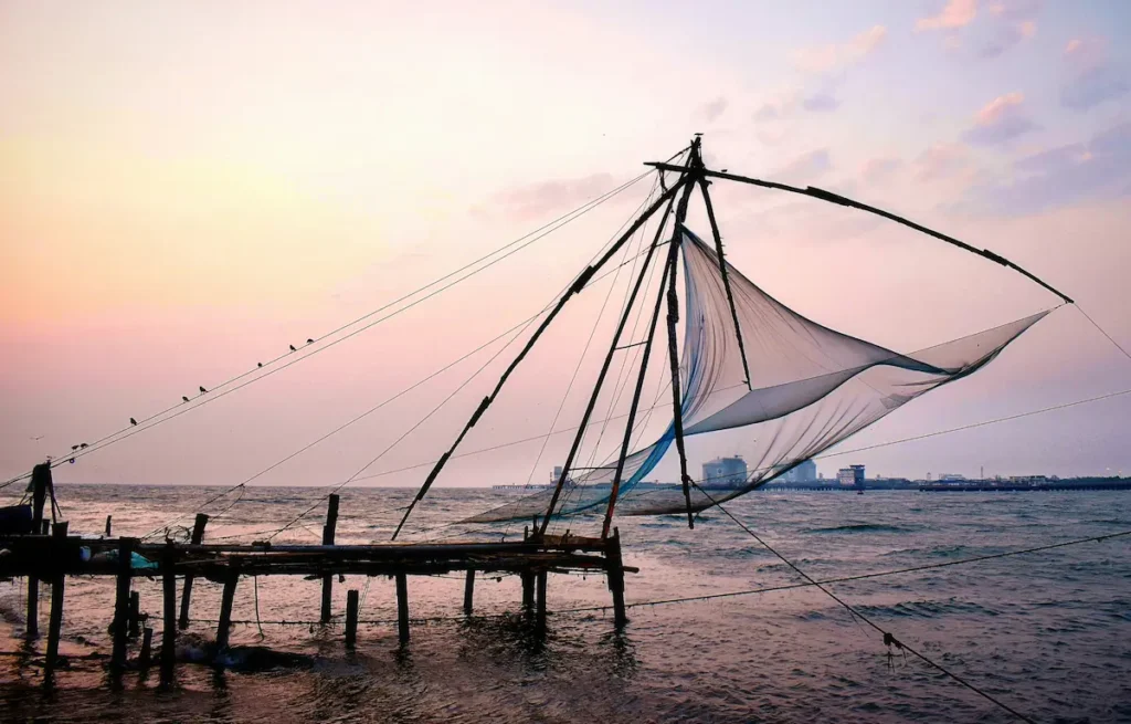 Chinese Fishing Nets at sunset in Kochi, India.