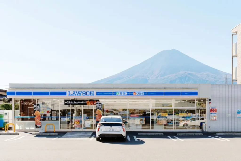 Lawson convenience store with Mount Fuji in the background – iconic Japan photo spot near Fujikawaguchiko popular with families and travelers