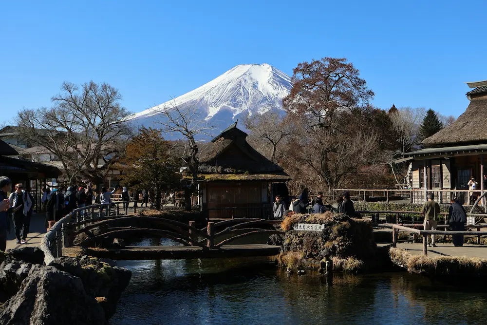 Oshino Hakkai village ponds fed by Mt. Fuji spring water—kids feeding koi on a Japanese family trip.