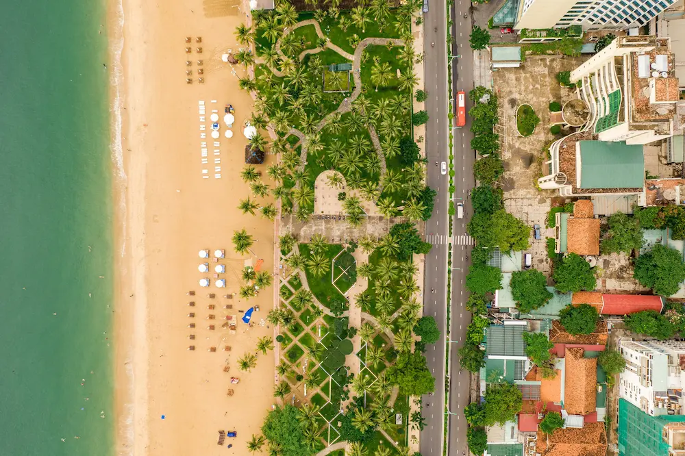 Private beach resorts are lined up near Nha Trang beach.