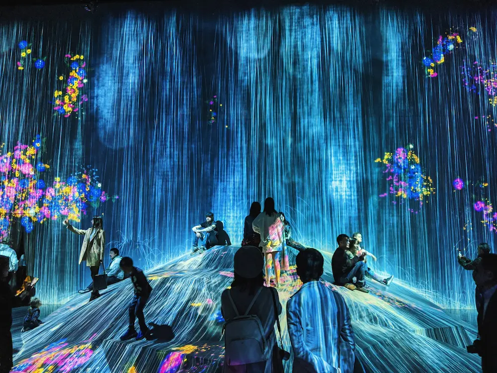 teamLab Borderless central hall waterfall projection. 