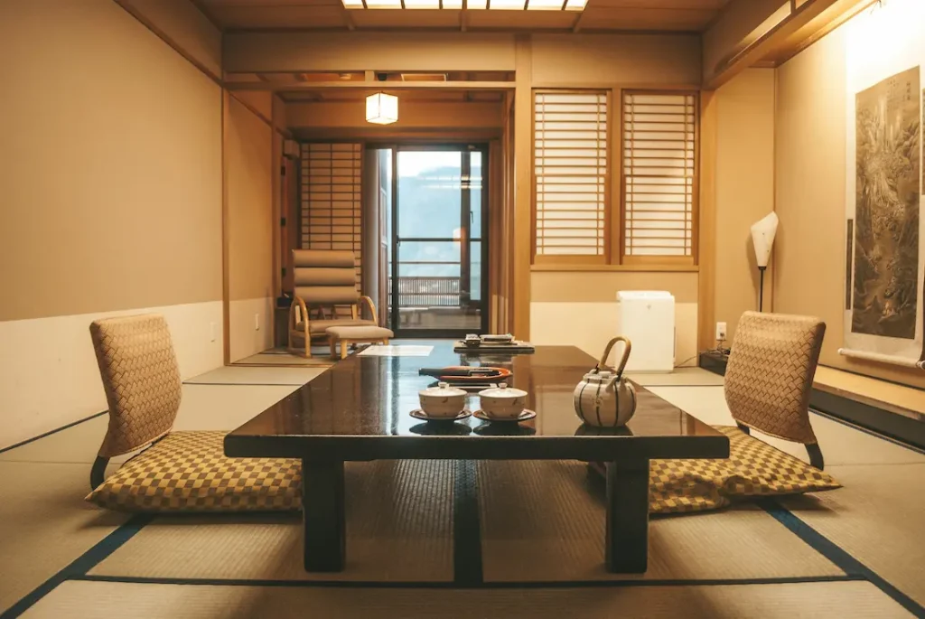 Traditional Japanese hotel rooms quiet small for families.