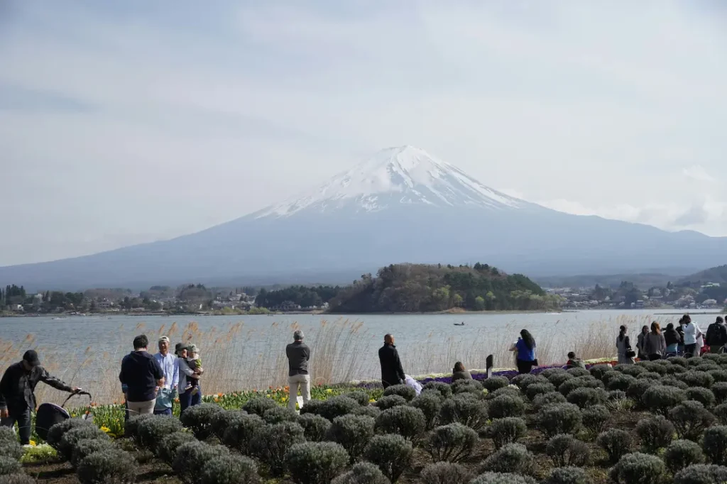 Family enjoying Mt. Fuji views with young kids. 