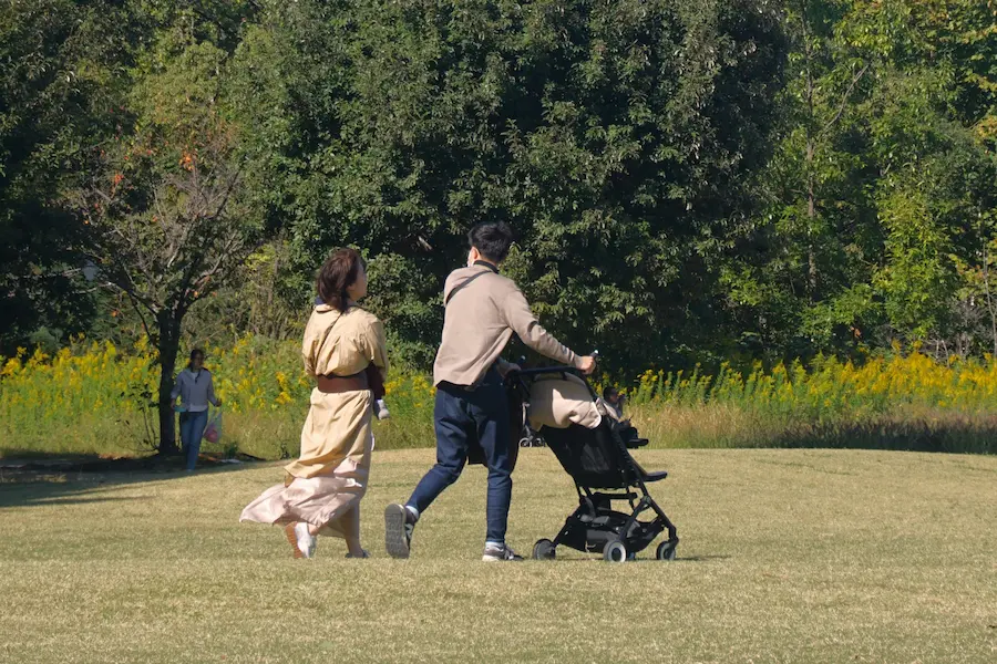 Walking through Japanese grounds with stroller.
