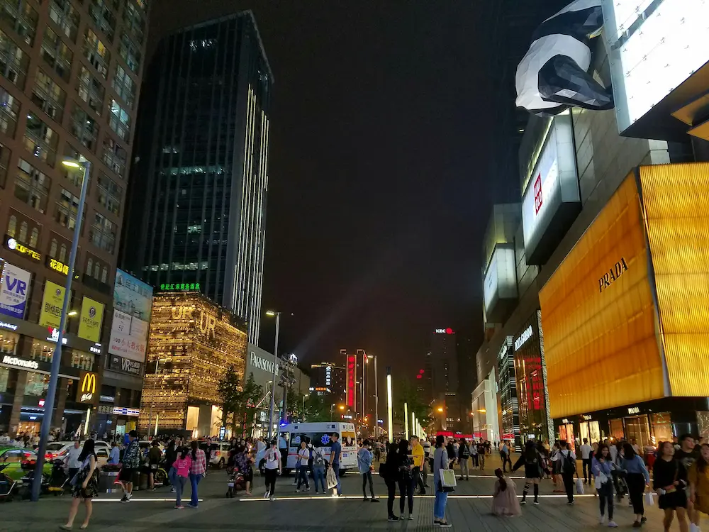 Chengdu city center with hanging panda structure, kids' favorite. 