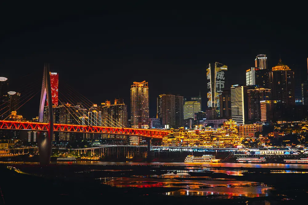 Chongqing night skyline cyberpunk city with kids china