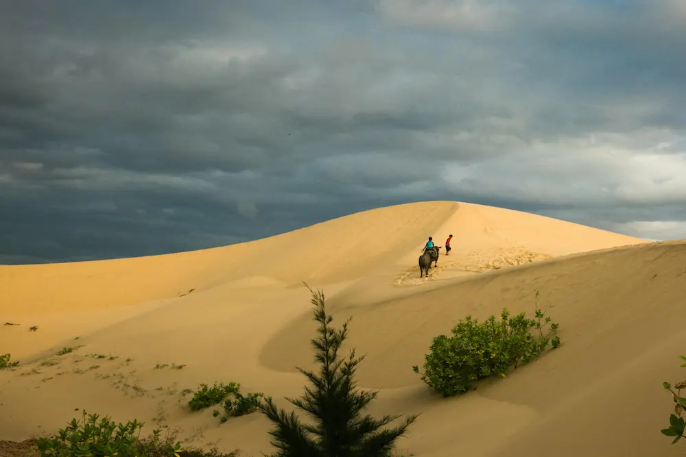 Kids playing near Mui Ne sand dunes during Vietnam family trip