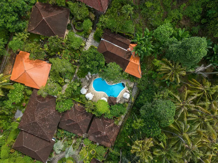 The aerial view of Ubud villas Bali for families.