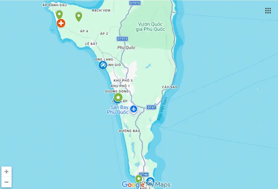 Custom Google map of Phu Quoc highlighting kid-friendly beaches, an international hospital, and baby supply supermarkets.